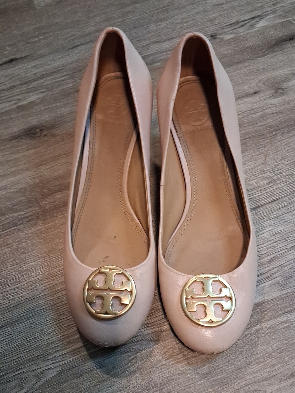 Tory Burch-inspired Nude Leather Ballet Flats with Gold Emblem